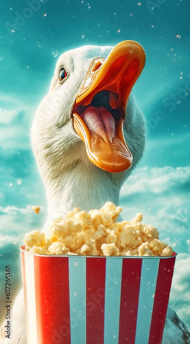 goose in the cinema atching a movie premiere. Recreation and television, a creative idea. Film screening, generative ai photo