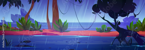 Rain in jungle forest with river cartoon vector landscape background. Nature water scene tropical weather scenery illustration. Sea view panorama of amazon rainforest shore with trunk, tree silhouette