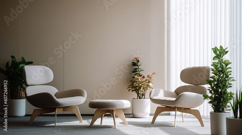 a white and wooden room with white couch and chair, in the style of modern urban, commission for, modern , shallow depth of field to emphasize the subject, taken using a Canon EOS R camera with © Miracle