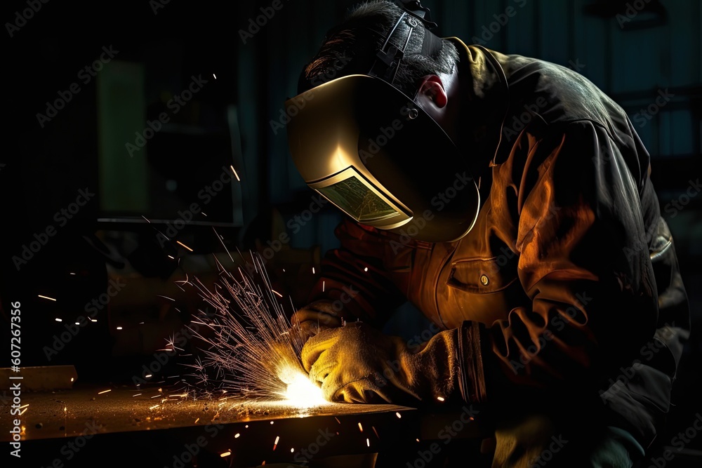 © ttonaorh - Industrial worker with protective mask welding steel structure in a factory © ttonaorh - Industrial worker with protective mask welding steel structure in a factory