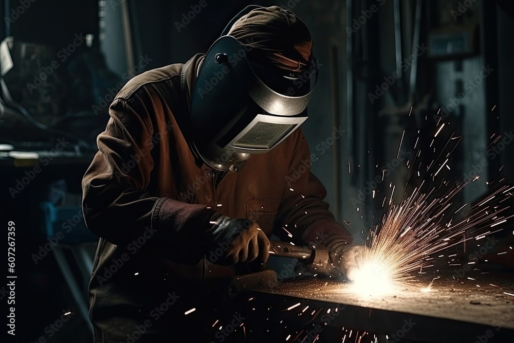 Industrial worker with protective mask welding steel structure in a factory Industrial worker with protective mask welding steel structure in a factory