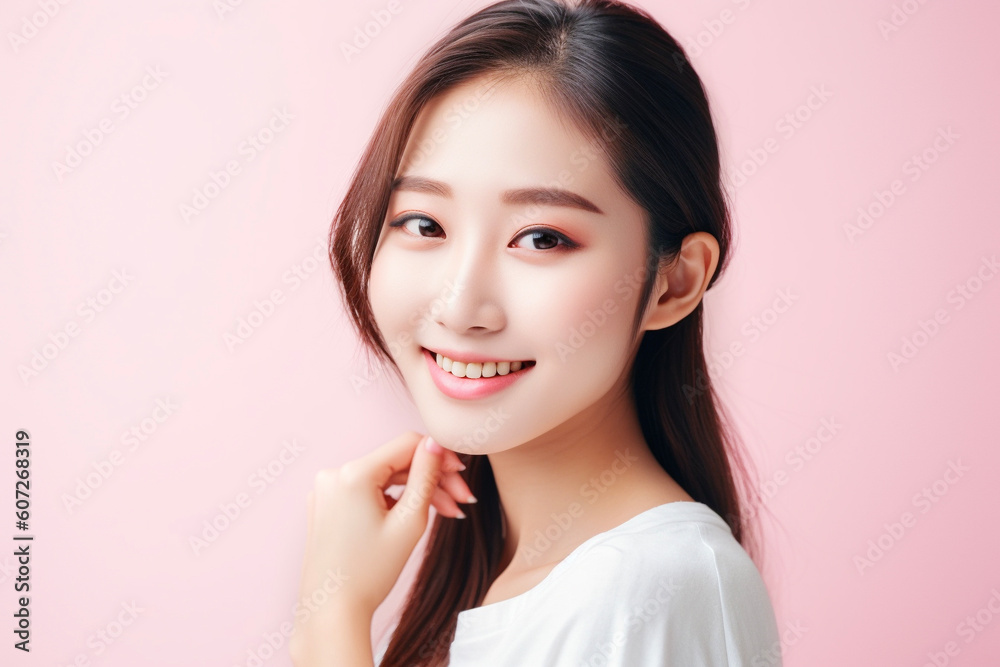 笑顔の女性のポートレート ピンク背景 AI生成画像 ジェネレーティブ AI 笑顔の女性のポートレート ピンク背景 AI生成画像 ジェネレーティブ AI