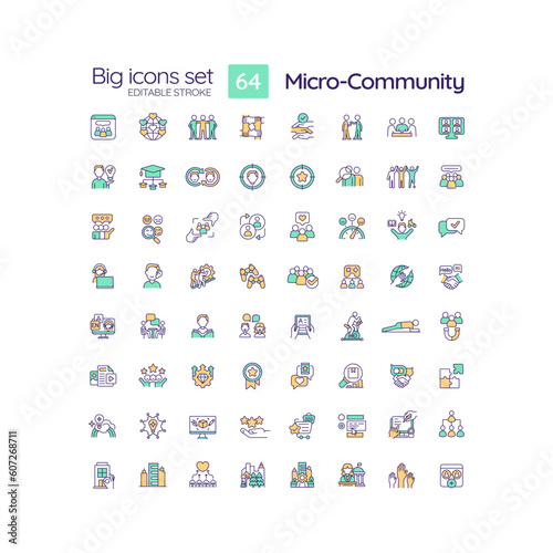 Micro community RGB color icons set. Social connection. Support network. Build community. Social circle. Isolated vector illustrations. Simple filled line drawings collection. Editable stroke