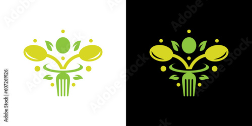 Healthy food diet logo design with spoon, fork, and leaf design graphic vector illustration. Symbol, icon, creative.