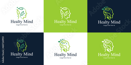 Collection of Mental health logo. Psychotherapy symbol concept. Human head with natural therapy mind graphic design vector illustration.