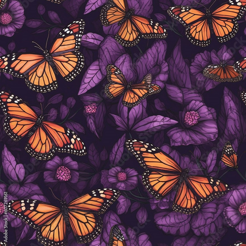 majestic monarch butterflies in purple blooms in a seamless repeat pattern
