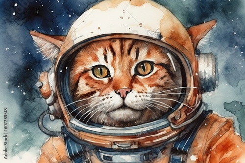 An astronaut cat in a spacesuit in a watercolor illustration. Generative AI