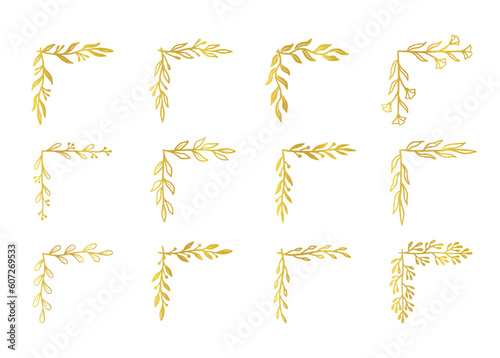 Gold corner border floral, flower frame set. Hand drawn rustic sketch doodle golden corner boarder for floral frame design element, flourish fancy pattern. Vector illustration