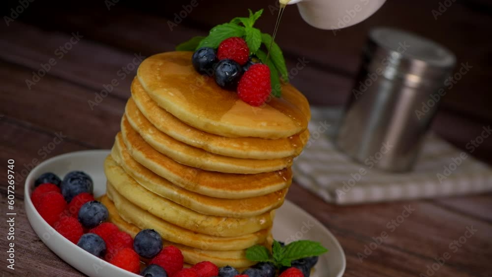 Recipe for maple syrup pancakes with raspberry and blueberry filling, High quality video Recipe for maple syrup pancakes with raspberry and blueberry filling, High quality video