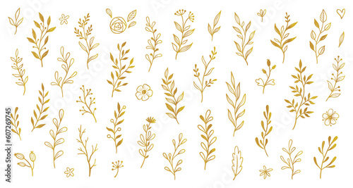 Gold branch leaf element set. Hand drawn sketch doodle golden leaves floral element for wedding background, elegant design. Vector illustration.