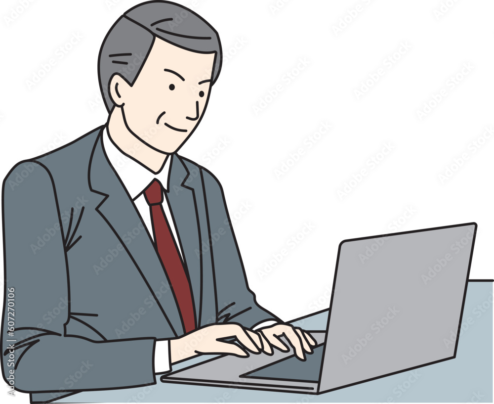 Middle-aged oriental man in suit using laptop computer Middle-aged oriental man in suit using laptop computer