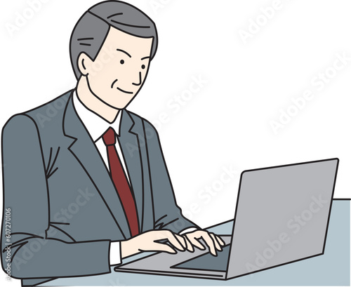 Middle-aged oriental man in suit using laptop computer