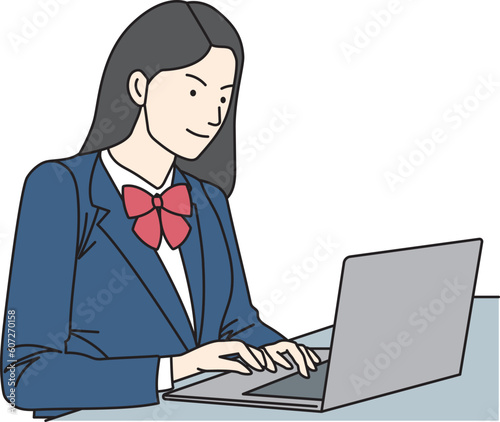 Oriental female student using a laptop computer