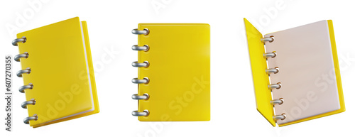 Render of a yellow notepad or notebook on a metal spring from different angles. Vector 3d illustration