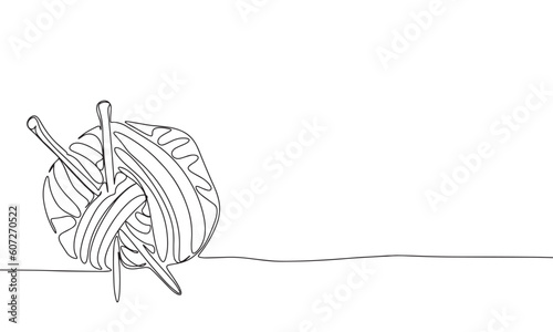 Knitting isolated on white background. Line art threads and knitting needles. One line continuous vector illustration. 