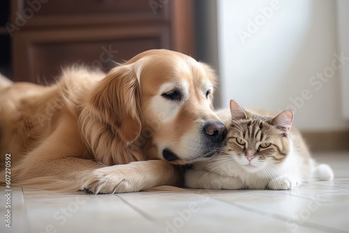a cat and dog cuddling near a white carpet, in the style of golden palette