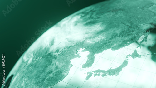 3D render of japan and asia globe map, Technology and Futuristic blue green line glowing Earth Background