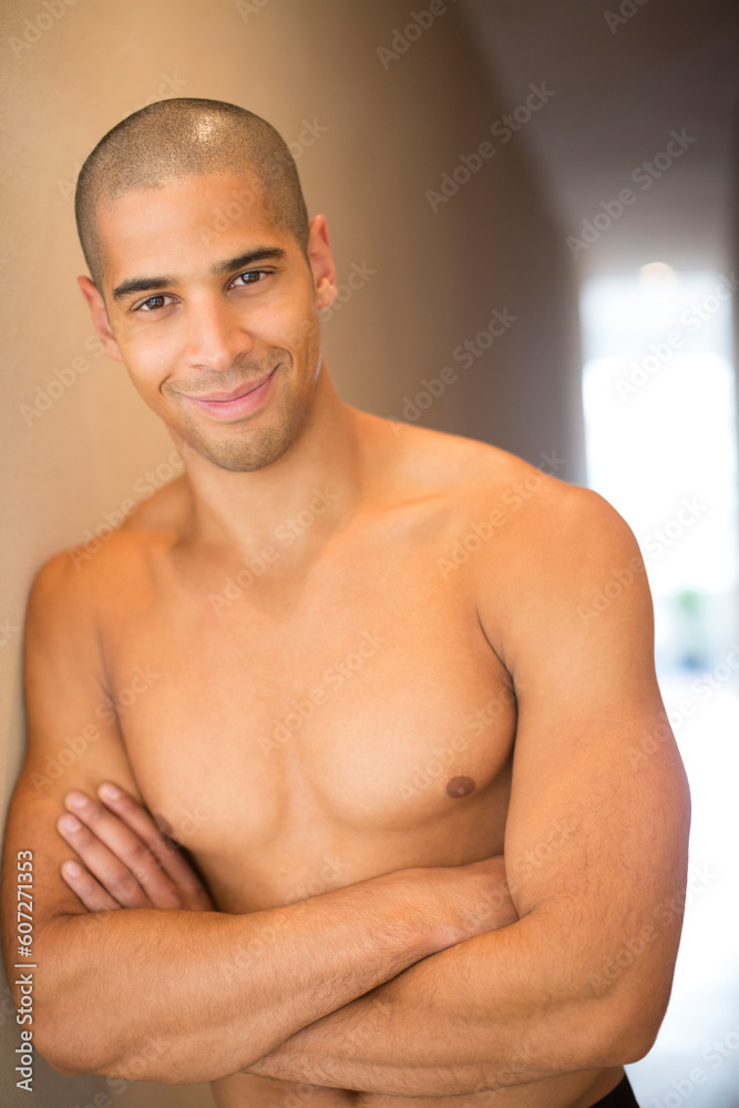 Man with bare chest smiling Man with bare chest smiling
