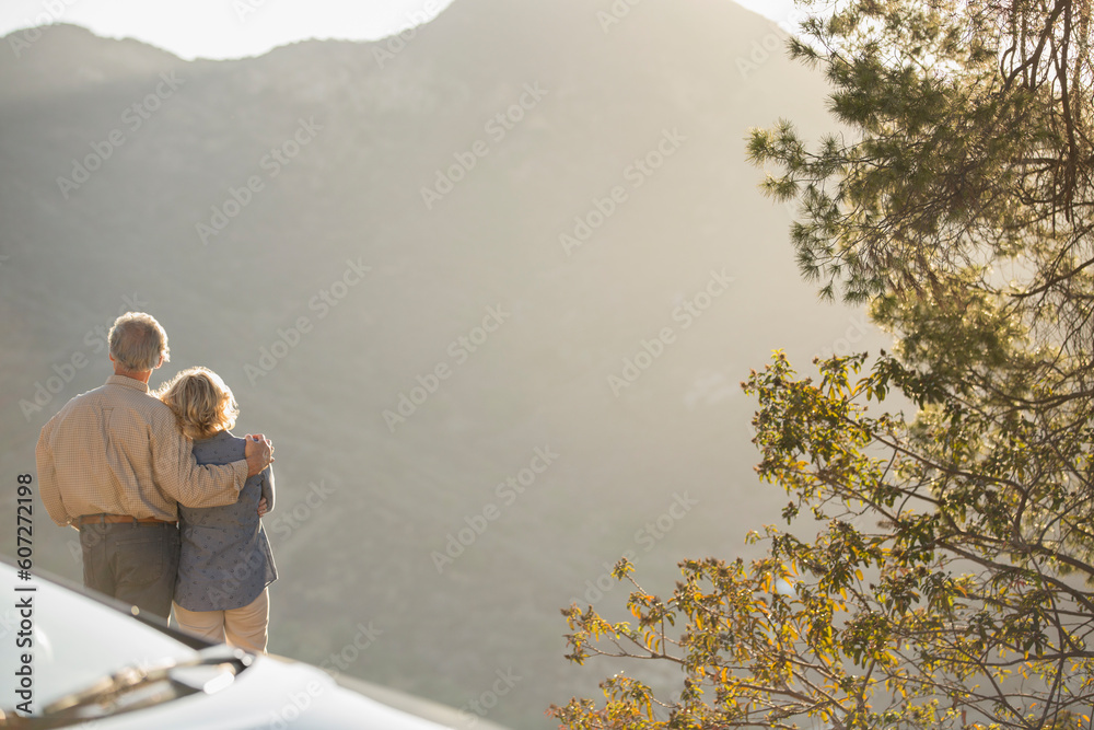 Naklejka premium Senior couple looking at mountain view outside car
