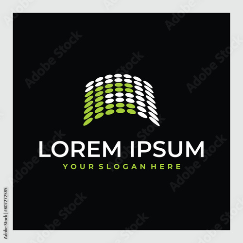 Modern abstract digital logo design with a unique curved pattern of green and white dots, perfect for technology, data, or communication branding, symbolizing innovation and connection