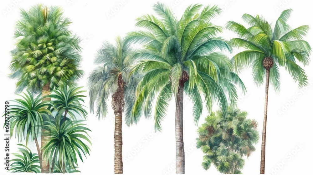 Watercolor tropical trees set Generative AI