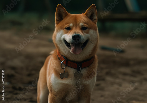shiba dog in a collar standing in front of the camera  in the style of happycore