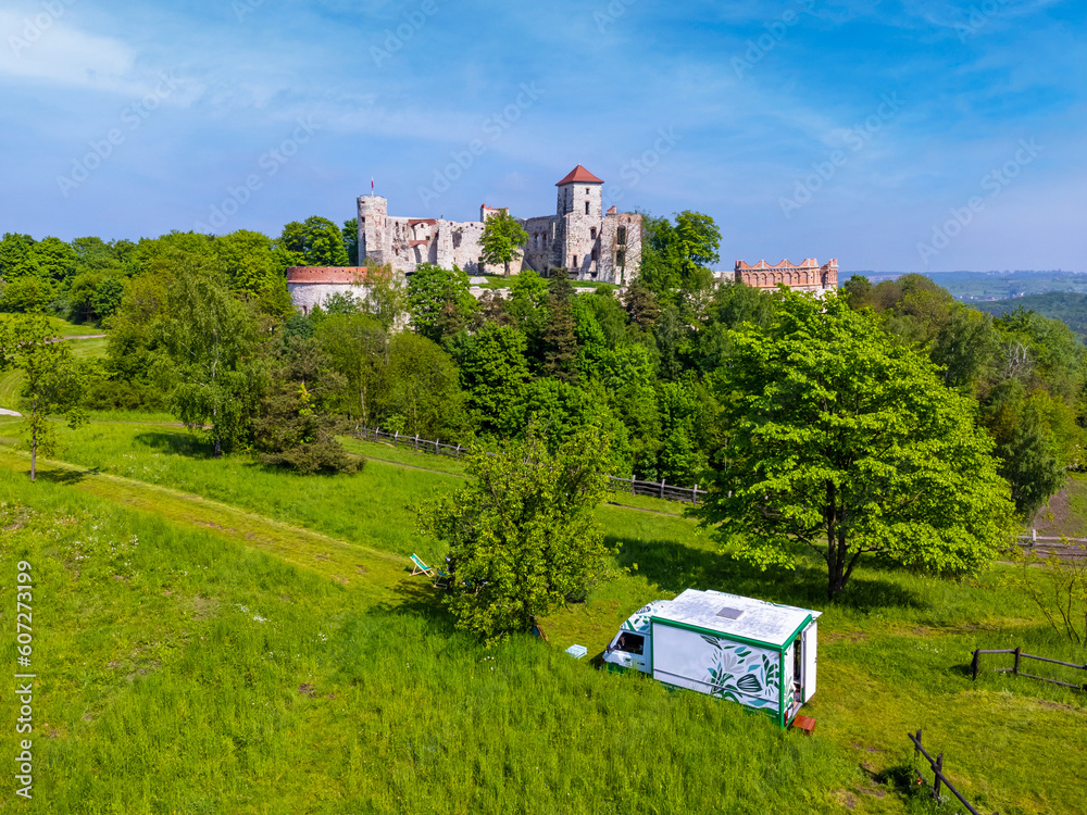 Aerial view landscape Poland, Tenczyn castle in Rudno. Drone photo, park, forest, ruins.