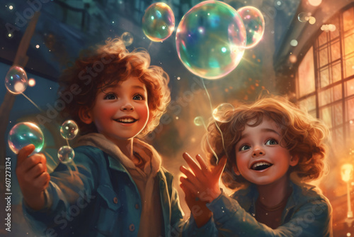 Close up on happy kids playing with soap bubbles made with Generative AI