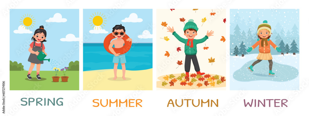Happy kids different activities in four seasons spring, summer, autumn, winter