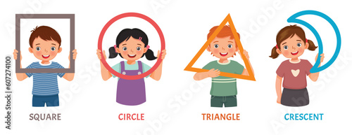 Cute kids with basic geometric shapes such as square, circle, triangle, crescent