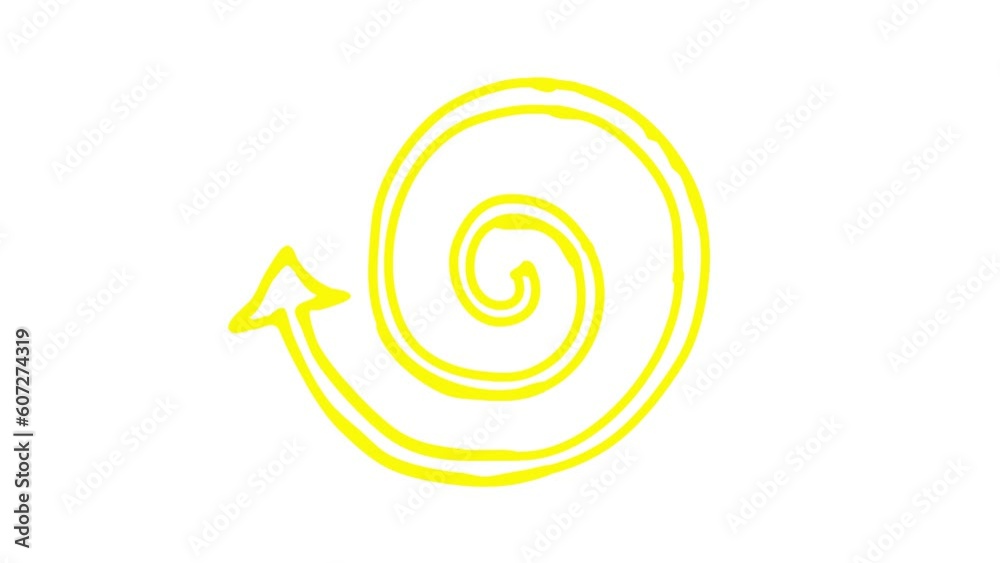 Animated yellow icon of spiral arrow is drawn. Linear icon. Looped video. Hand drawn vector illustration isolated on white background. Animated yellow icon of spiral arrow is drawn. Linear icon. Looped video. Hand drawn vector illustration isolated on white background.