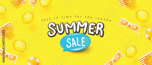 Summer sale promotion poster banner with summer tropical beach vibes yellow background