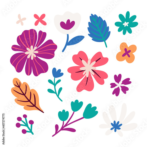 set of flowers and leaves element