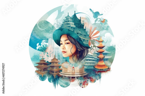 Asia journey. Woman traveler conceptual illustration.Symbol of Asia contries. White background banner. Generative AI photo