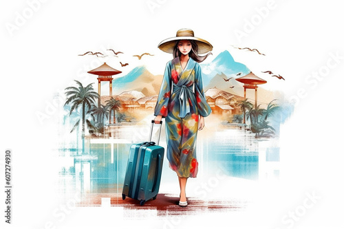 Woman traveler conceptual illustration. Asia journey. White background banner. Generative AI