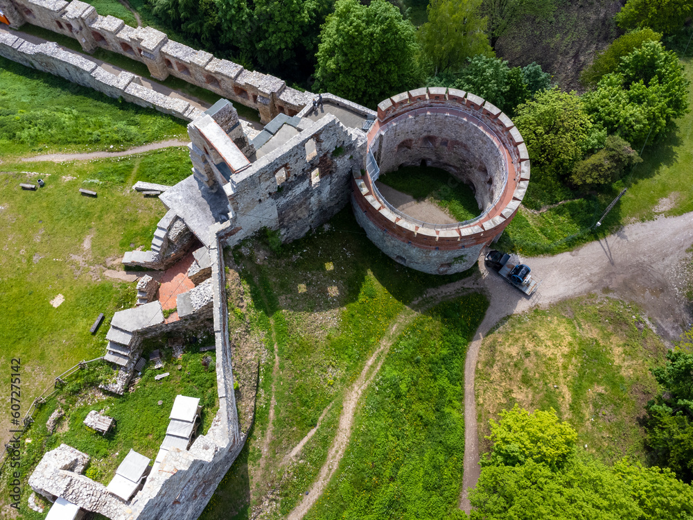 Aerial view landscape Poland, Tenczyn castle in Rudno. Drone photo, park, forest, ruins.