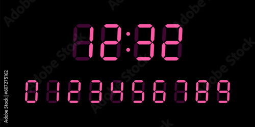 Pink digital glowing numbers for Lcd electronic devices screen isolated on black background. Clock, timer concept. Vector Illustration.