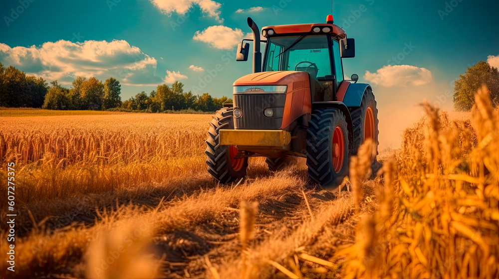 Fototapeta premium Tractor in wheat field. Tractor working in the field. Generative AI.