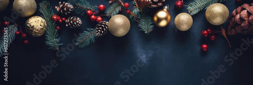 A Christmas presents, Christmas baubles, Christmas tree on dark background. Generative ai