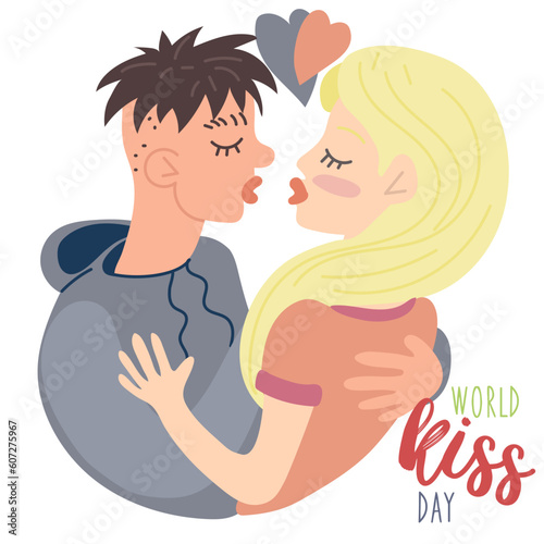 World Kissing Day. A young guy reaches out to the girl to kiss her. valentine's day. Abstract illustration of love. Magical feelings. For printing, posters, postcards. A gift for a loved one. square