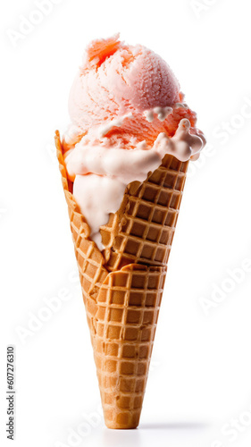 Ice cream in a waffle cone on a white background