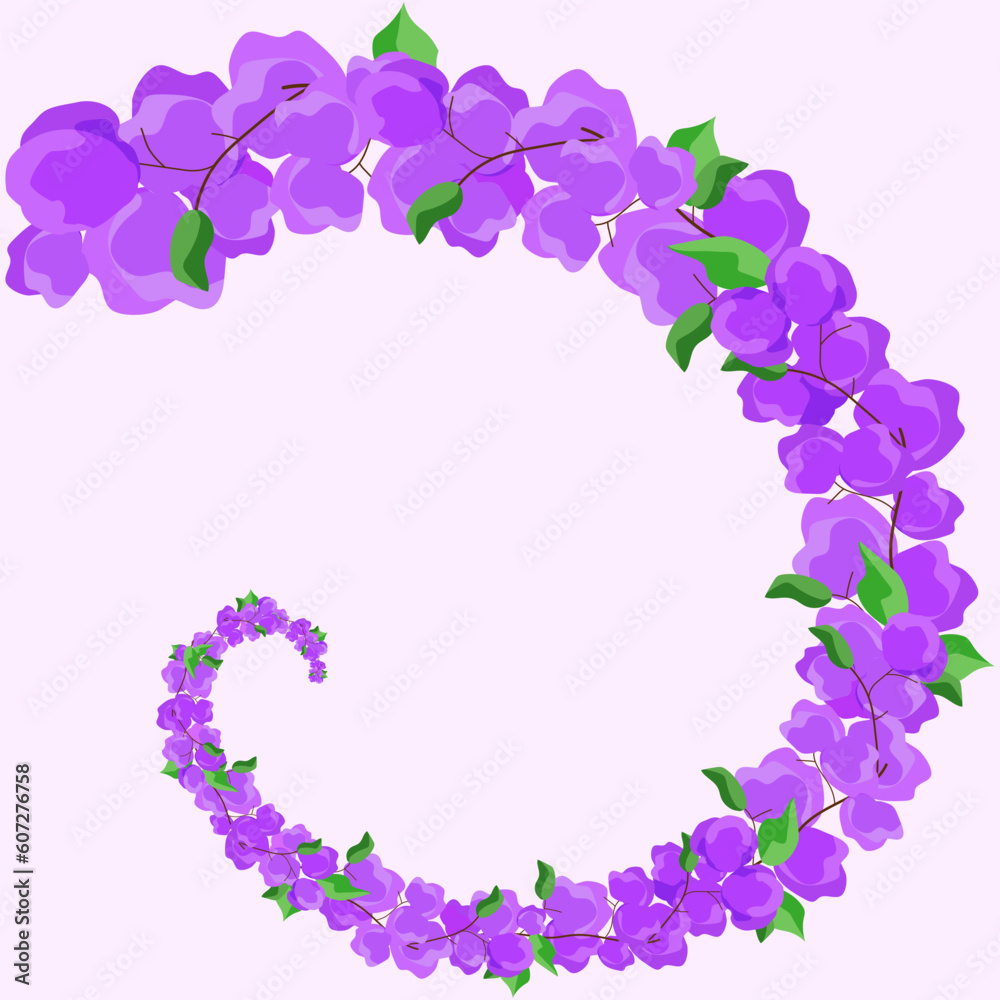 Frame of violet bougainvillea flowers on light background with copy space. Floral vector illustration.