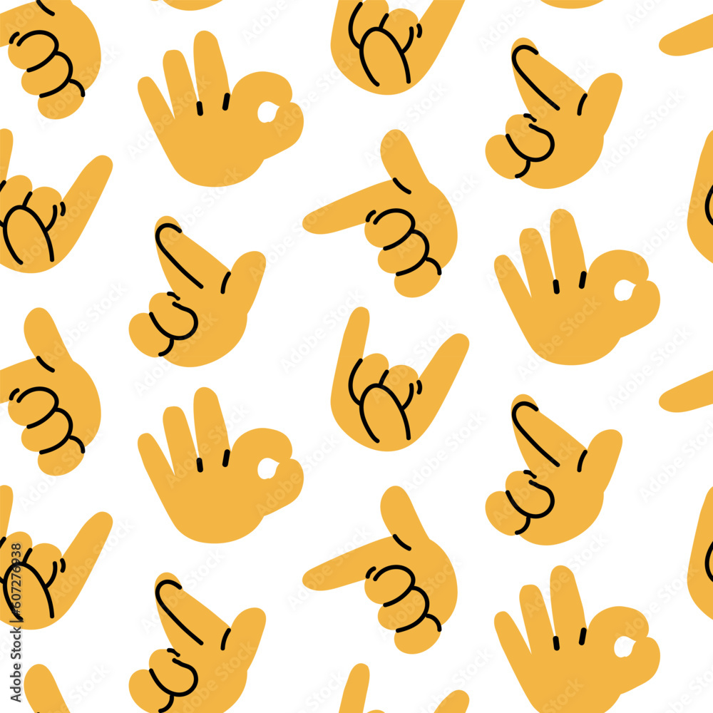 A pattern of hand signs rock, love, support, hold on, ok, up, gun, down, class and others with a black outline on a white background. Cartoon hands. Printing on textiles and paper A pattern of hand signs rock, love, support, hold on, ok, up, gun, down, class and others with a black outline on a white background. Cartoon hands. Printing on textiles and paper