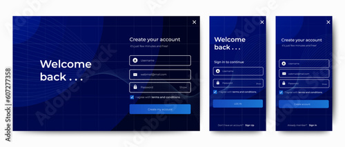 Set of Sign Up and Sign In forms. Blue-Gray gradient. Mobile Registration and login forms page. Professional web design, full set of elements. User-friendly design materials.
