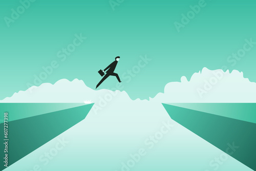 Businessman jump over a cliff. Stepping through dangerous obstacles. Overcoming difficulties. Business Concept. Vector illustration