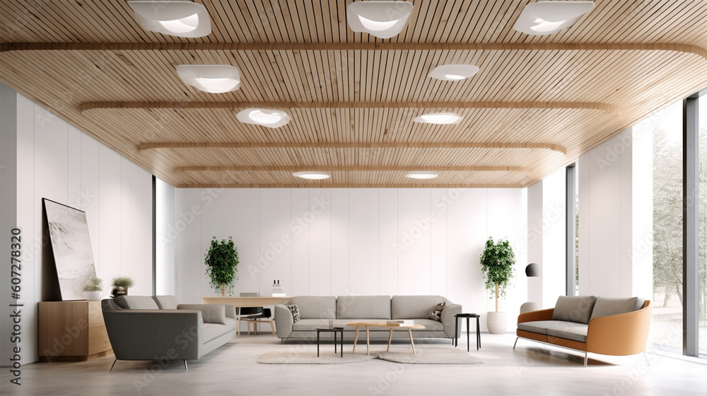 Fototapeta premium modern office with wood ceiling and grey furniture, in the style of white and beige, illusory images, matte background
