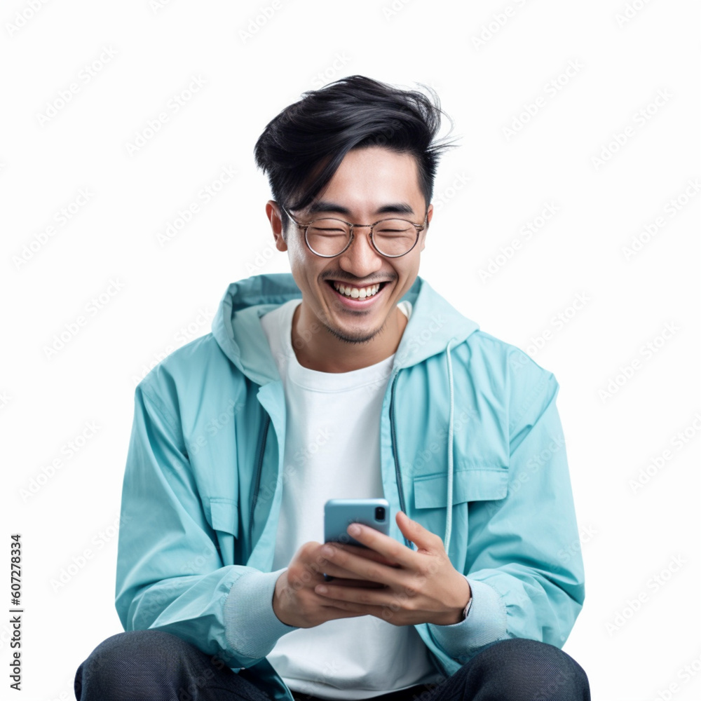 A young Asian man holding a mobile phone with a smile on his face. A young Asian man holding a mobile phone with a smile on his face.
