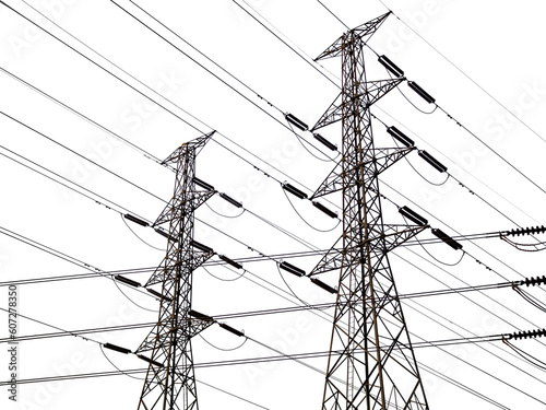 High voltage pole Power Energy Electrician Tower Station Hight Transmission on transparent background,png file,Tectnology Construction Line 