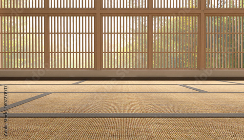 Tableau sur toile Close up of Japanese tatami mat floor, wooden frame shoji window in sunlight wit