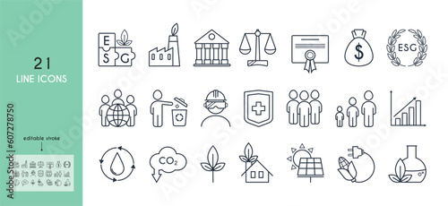  Set of icons on the environmental, social and governance aspects of sustainable and ethical business. ESG concept. Corporate